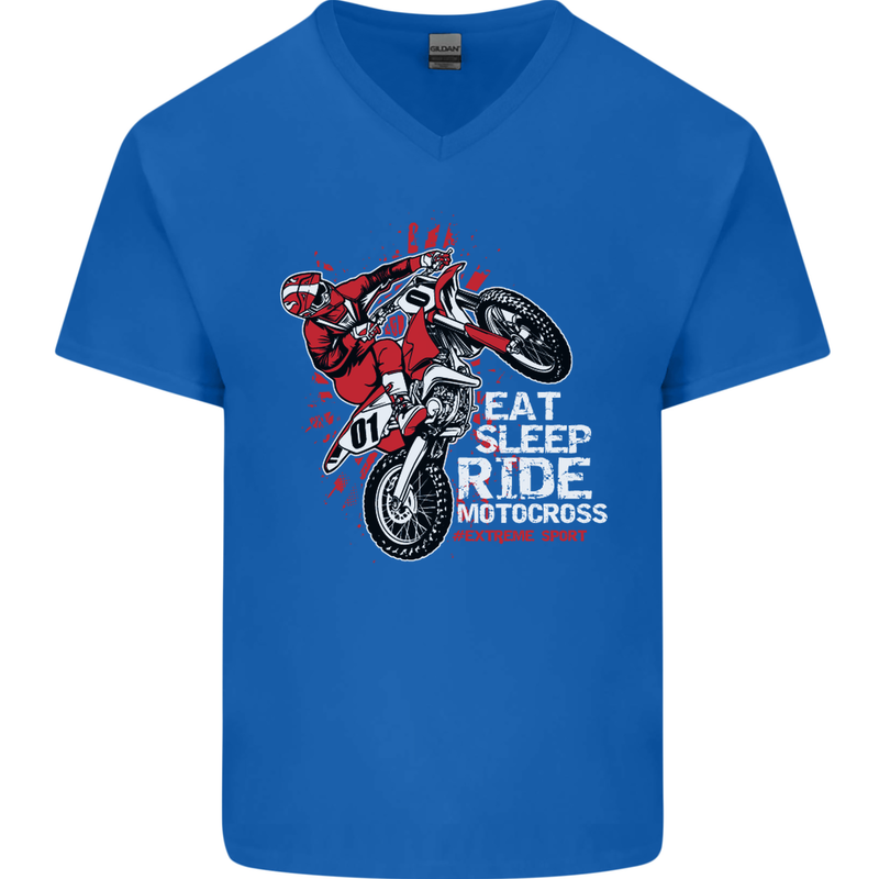 Eat Sleep Ride Motocross Dirt Bike MotoX Mens V-Neck Cotton T-Shirt Royal Blue