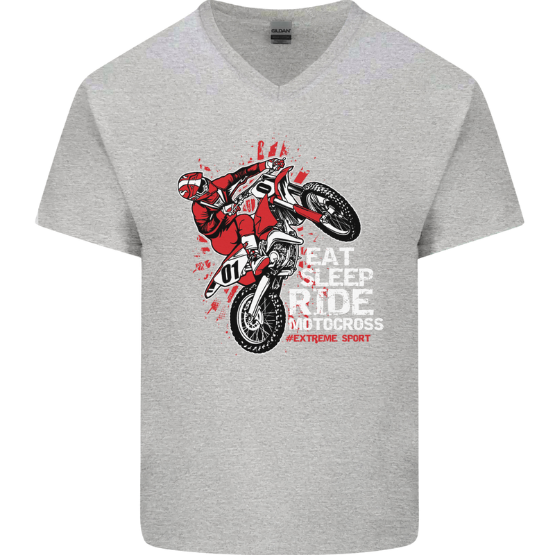 Eat Sleep Ride Motocross Dirt Bike MotoX Mens V-Neck Cotton T-Shirt Sports Grey
