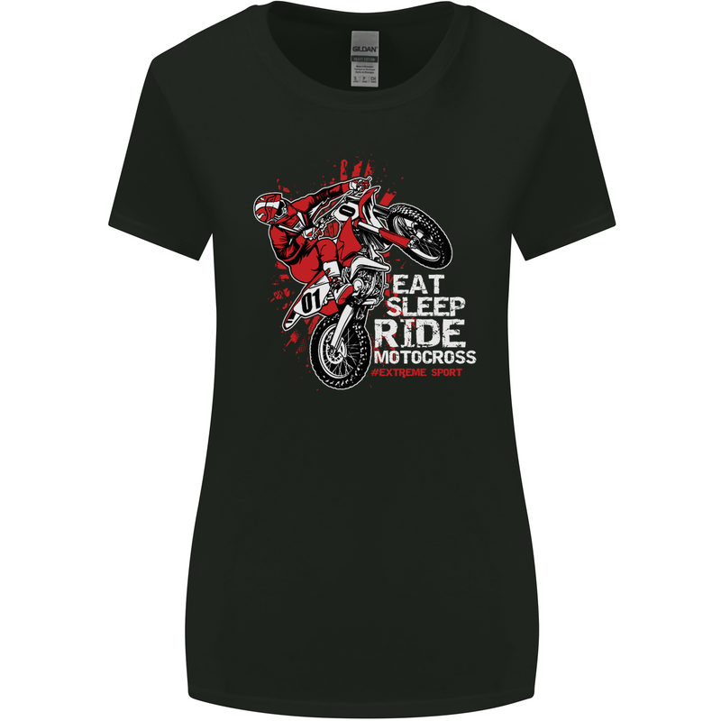 Eat Sleep Ride Motocross Dirt Bike MotoX Womens Wider Cut T-Shirt Black