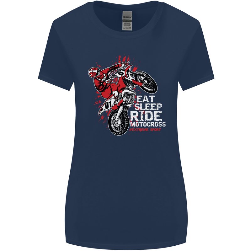 Eat Sleep Ride Motocross Dirt Bike MotoX Womens Wider Cut T-Shirt Navy Blue