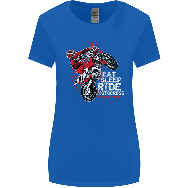 Eat Sleep Ride Motocross Dirt Bike MotoX Womens Wider Cut T-Shirt Royal Blue