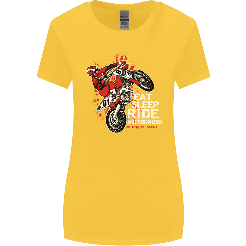 Eat Sleep Ride Motocross Dirt Bike MotoX Womens Wider Cut T-Shirt Yellow