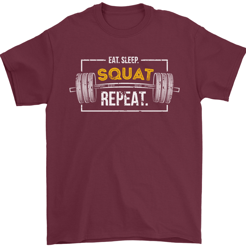 Eat Sleep Squat Repeat Gym Training Top Mens T-Shirt Cotton Gildan Maroon