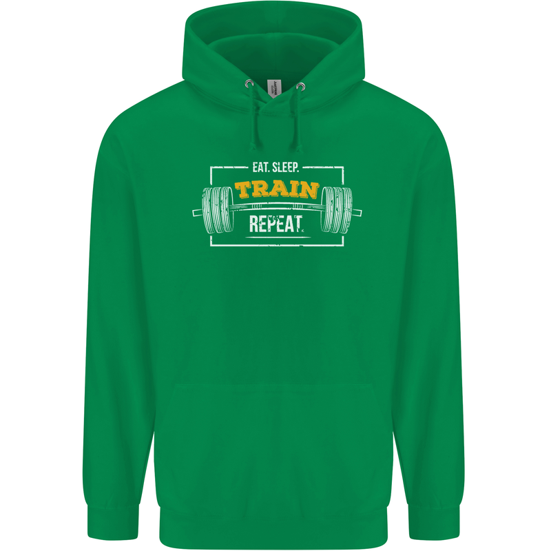Eat Sleep Train Repeat Gym Training Top Mens 80% Cotton Hoodie Irish Green