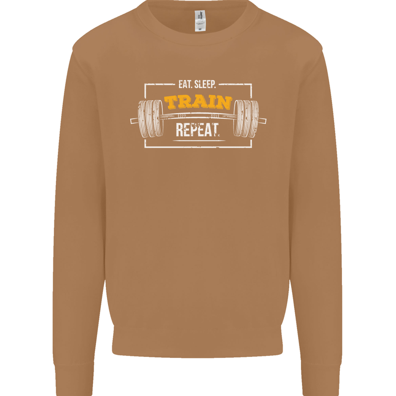 Eat Sleep Train Repeat Gym Training Top Mens Sweatshirt Jumper Caramel Latte