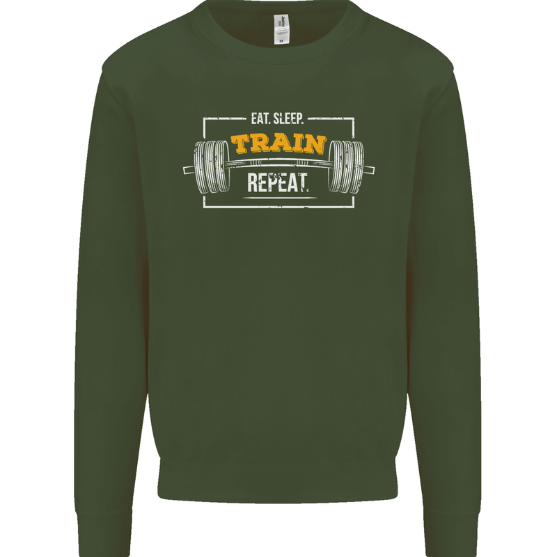 Eat Sleep Train Repeat Gym Training Top Mens Sweatshirt Jumper Forest Green