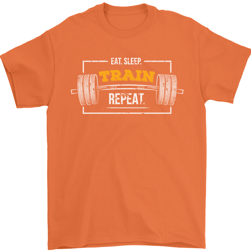Eat Sleep Train Repeat Gym Training Top Mens T-Shirt Cotton Gildan Orange