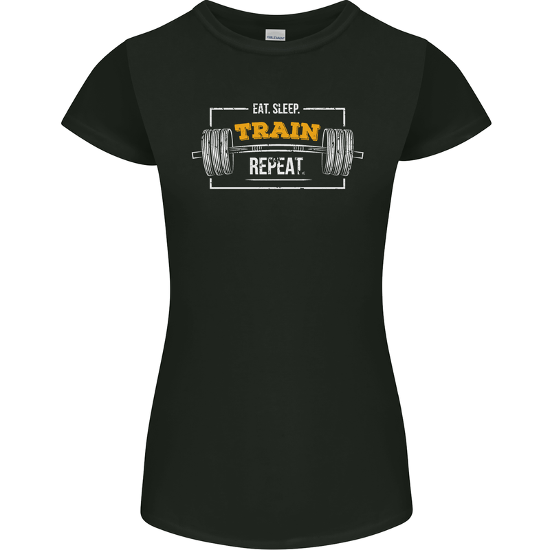 Eat Sleep Train Repeat Gym Training Top Womens Petite Cut T-Shirt Black