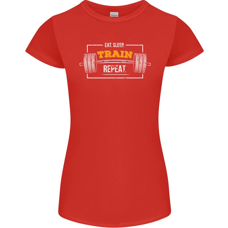 Eat Sleep Train Repeat Gym Training Top Womens Petite Cut T-Shirt Red