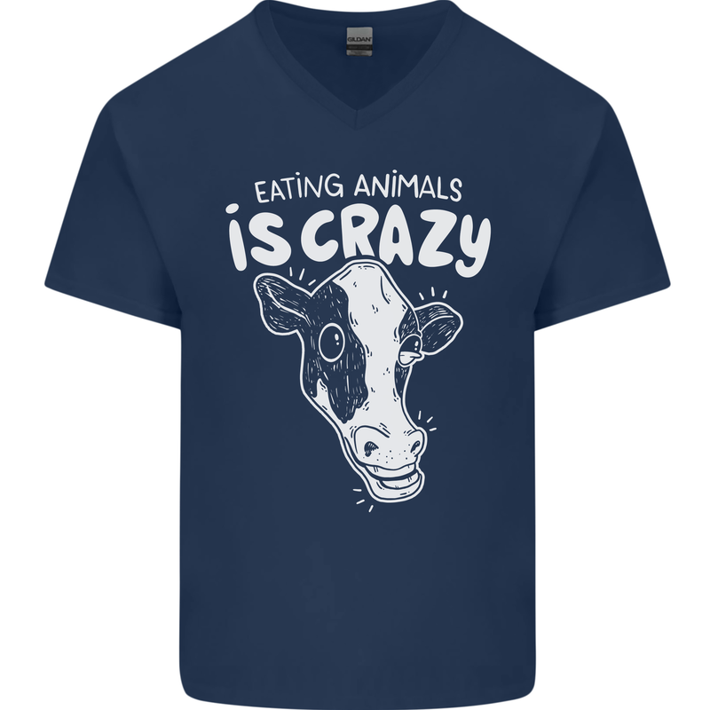 Eating Animals Is Crazy Vegetarian Vegan Mens V-Neck Cotton T-Shirt Navy Blue