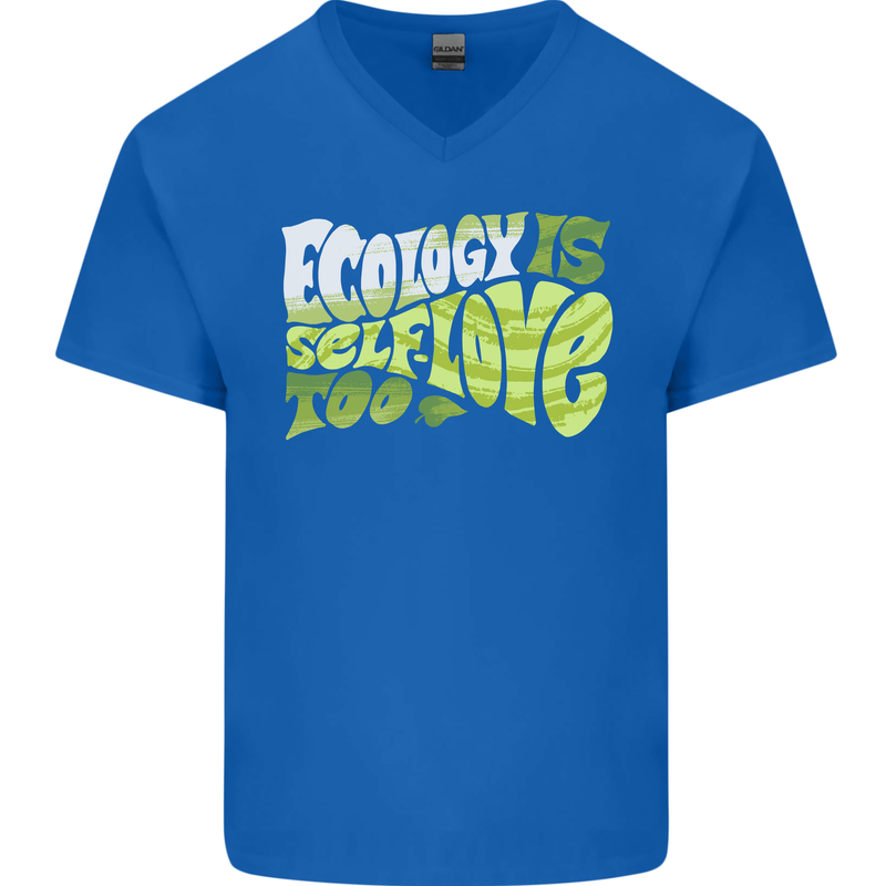 Ecology is Self-Love Climate Change Mens V-Neck Cotton T-Shirt Royal Blue