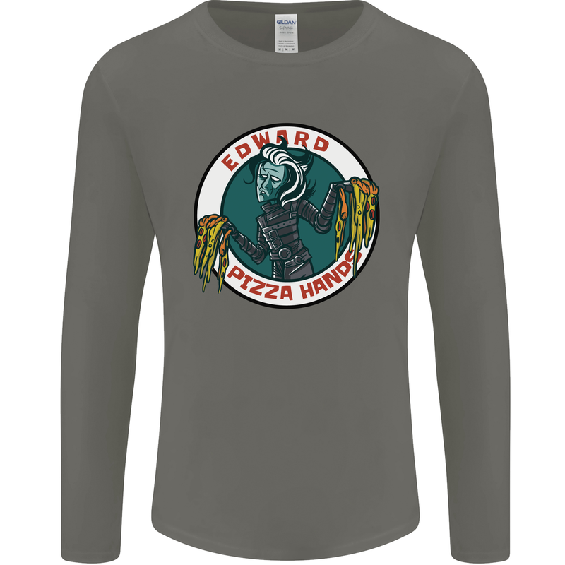 Edward Pizza Hands Funny Food Chef Parody Mens Long Sleeve T-Shirt Charcoal