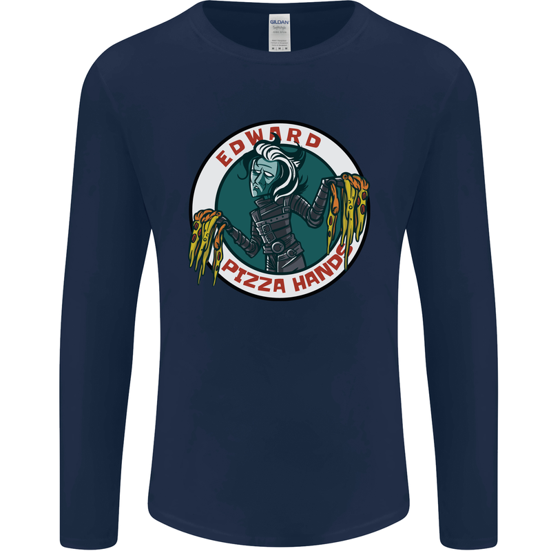 Edward Pizza Hands Funny Food Chef Parody Mens Long Sleeve T-Shirt Navy Blue