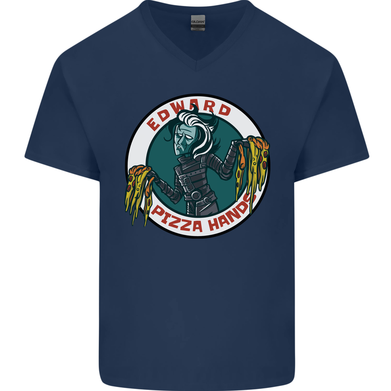 Edward Pizza Hands Funny Food Chef Parody Mens V-Neck Cotton T-Shirt Navy Blue
