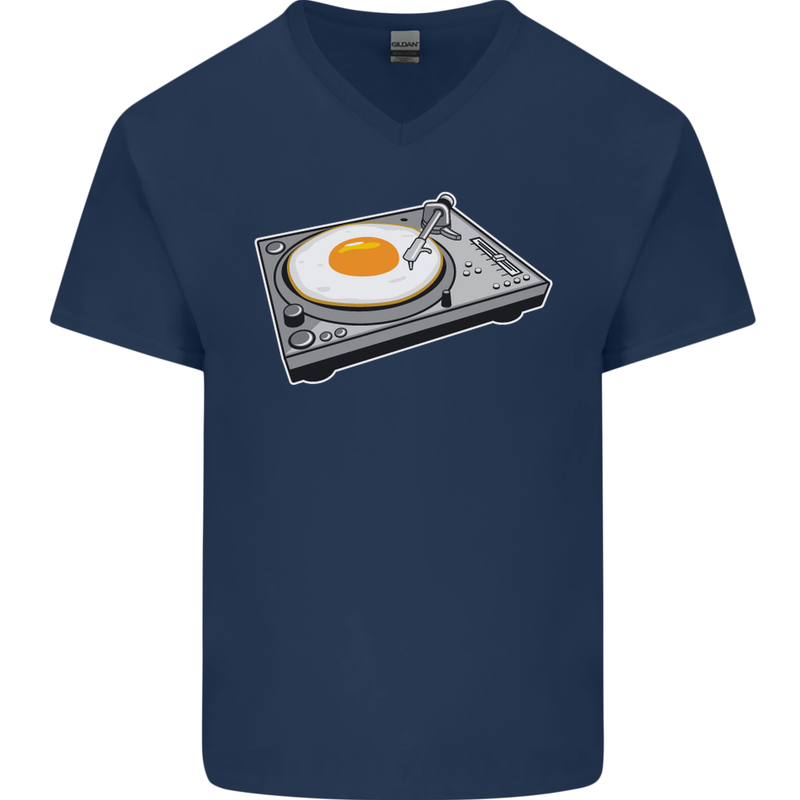 Egg Decks DJ DJing Turntable Record Player Mens V-Neck Cotton T-Shirt Navy Blue