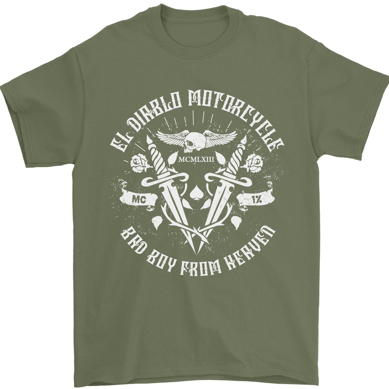 El Diablo Motorcycle Biker Motorbike Mens T-Shirt Cotton Gildan Military Green