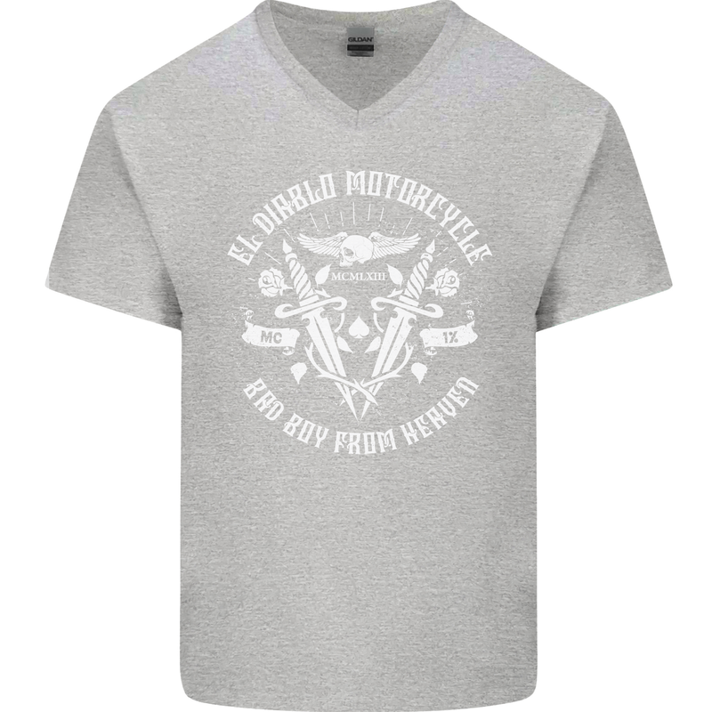 El Diablo Motorcycle Biker Motorbike Mens V-Neck Cotton T-Shirt Sports Grey