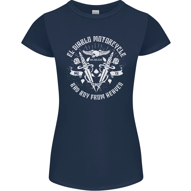 El Diablo Motorcycle Biker Motorbike Womens Petite Cut T-Shirt Navy Blue
