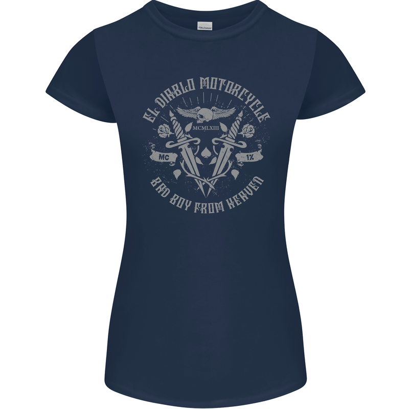 El Diablo Motorcycle Motorbike Biker Womens Petite Cut T-Shirt Navy Blue