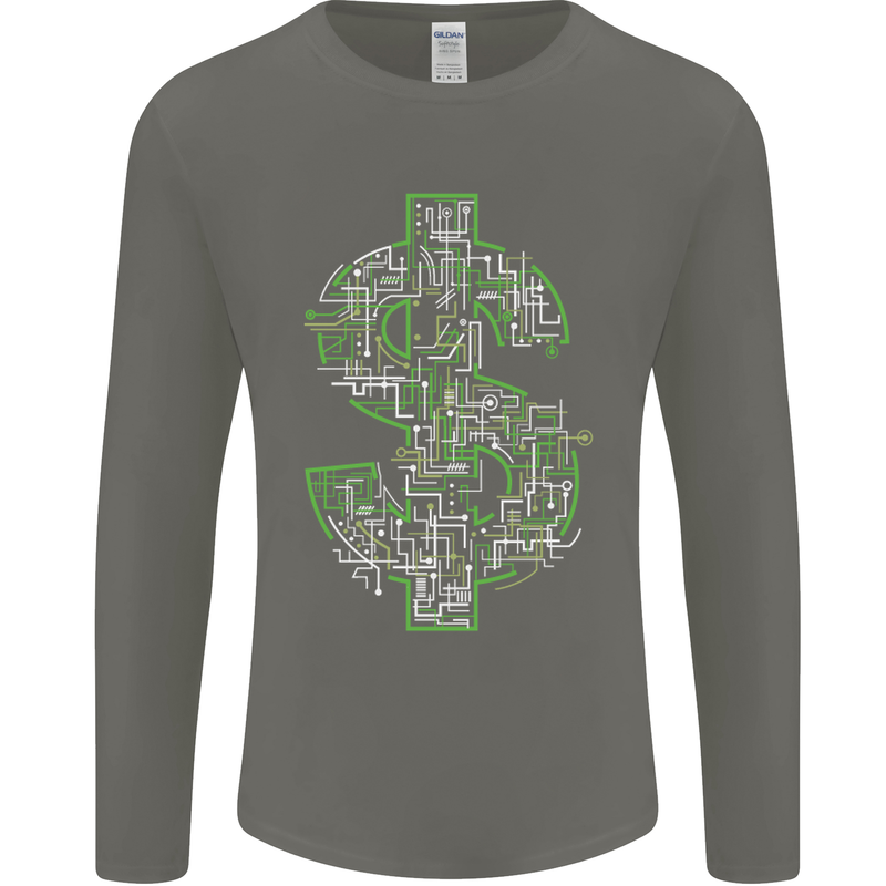 Electric Dollar Sign Crypto Cash Mens Long Sleeve T-Shirt Charcoal