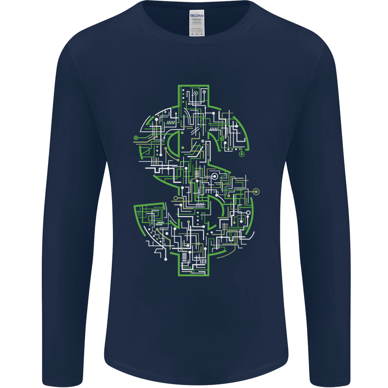 Electric Dollar Sign Crypto Cash Mens Long Sleeve T-Shirt Navy Blue