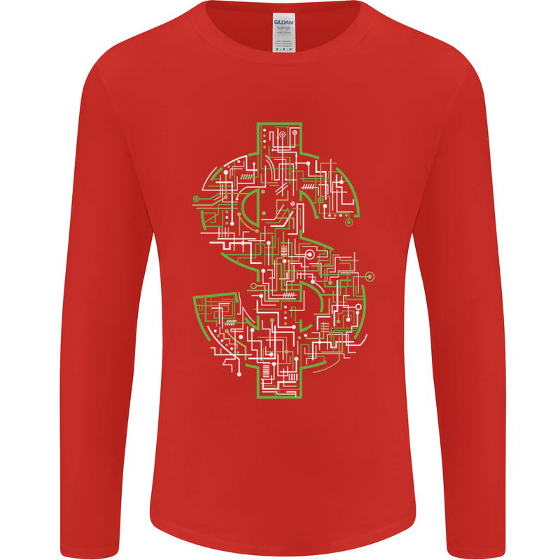 Electric Dollar Sign Crypto Cash Mens Long Sleeve T-Shirt Red