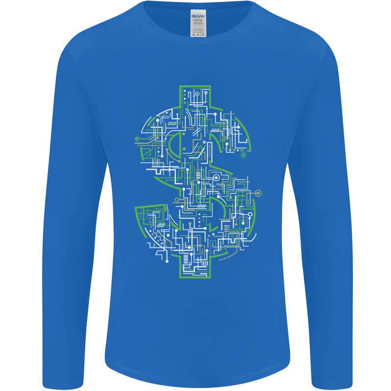 Electric Dollar Sign Crypto Cash Mens Long Sleeve T-Shirt Royal Blue