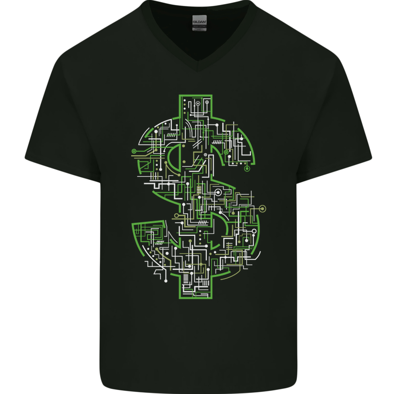 Electric Dollar Sign Crypto Cash Mens V-Neck Cotton T-Shirt Black