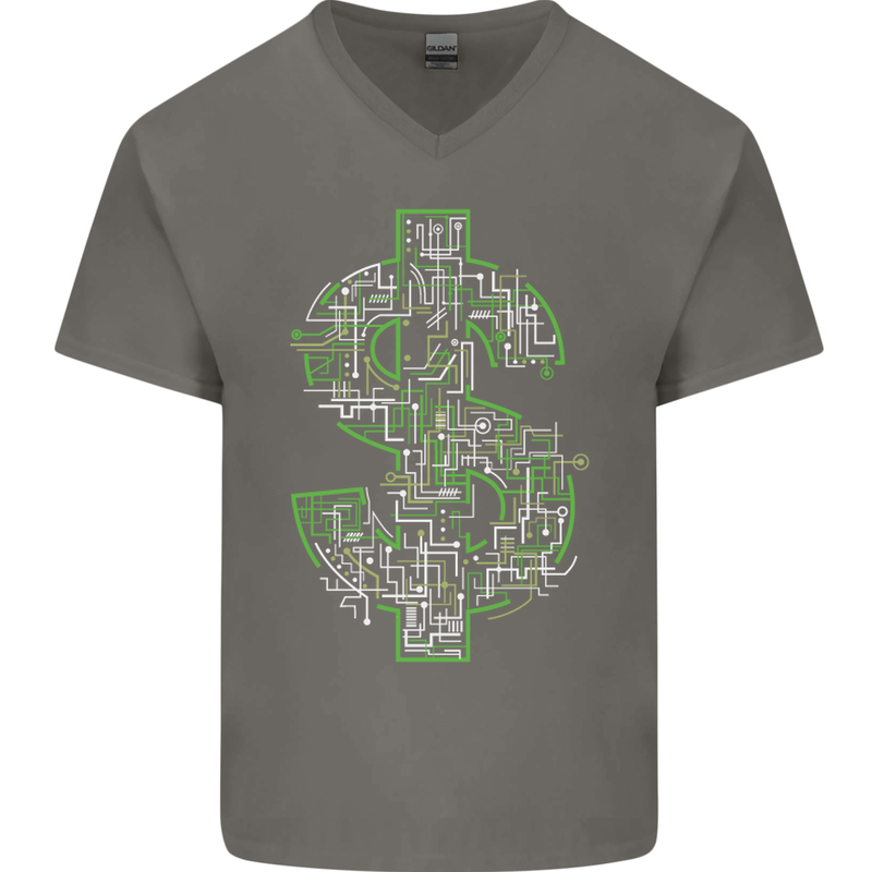 Electric Dollar Sign Crypto Cash Mens V-Neck Cotton T-Shirt Charcoal