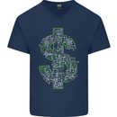 Electric Dollar Sign Crypto Cash Mens V-Neck Cotton T-Shirt Navy Blue