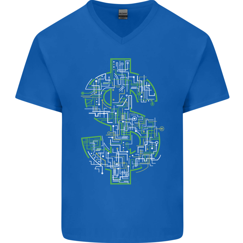 Electric Dollar Sign Crypto Cash Mens V-Neck Cotton T-Shirt Royal Blue
