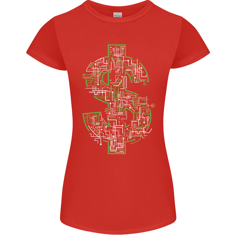 Electric Dollar Sign Crypto Cash Womens Petite Cut T-Shirt Red