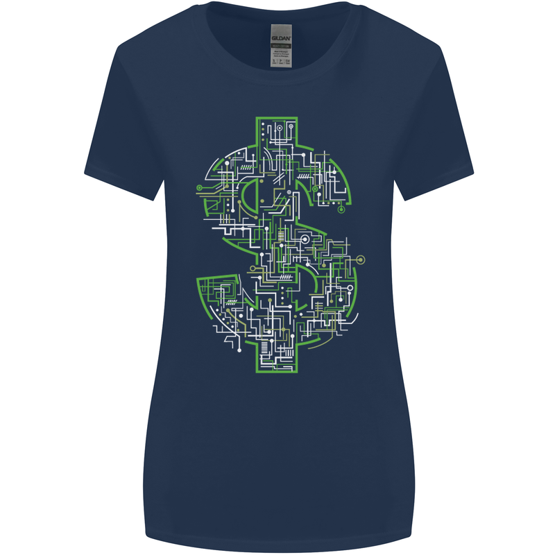 Electric Dollar Sign Crypto Cash Womens Wider Cut T-Shirt Navy Blue