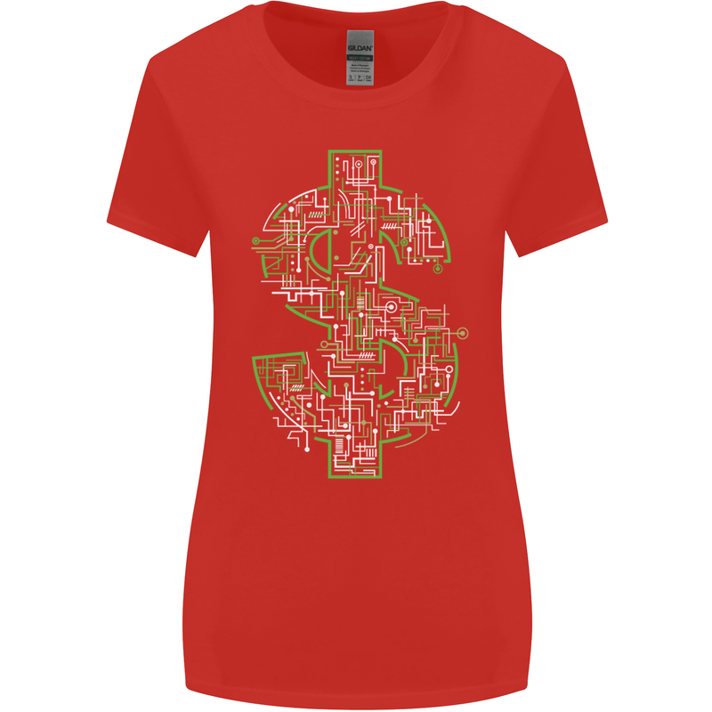 Electric Dollar Sign Crypto Cash Womens Wider Cut T-Shirt Red