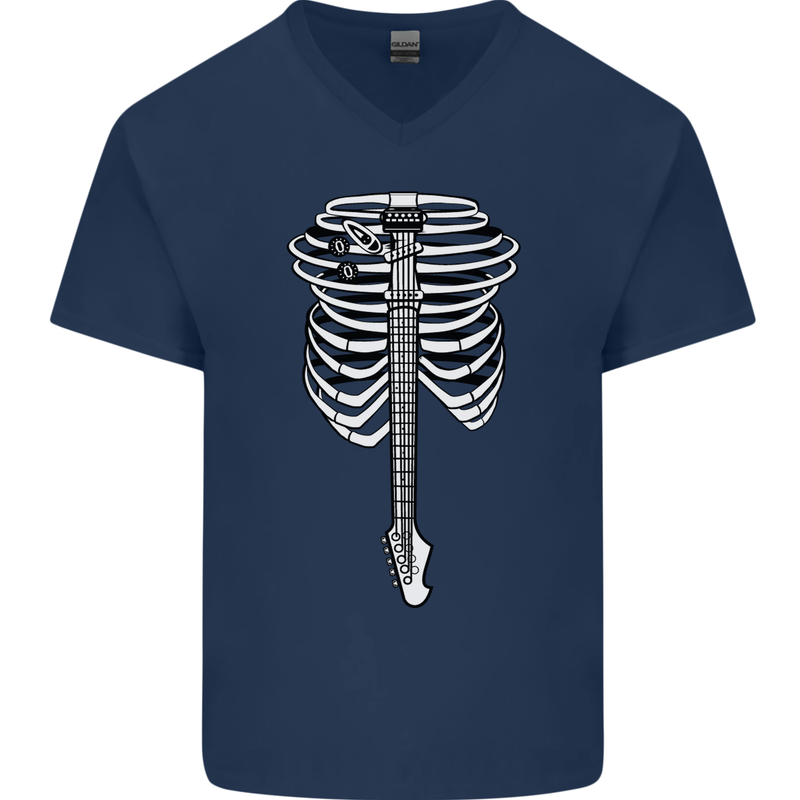 Electric Guitar Ribs Guitarist Acoustic Mens V-Neck Cotton T-Shirt Navy Blue