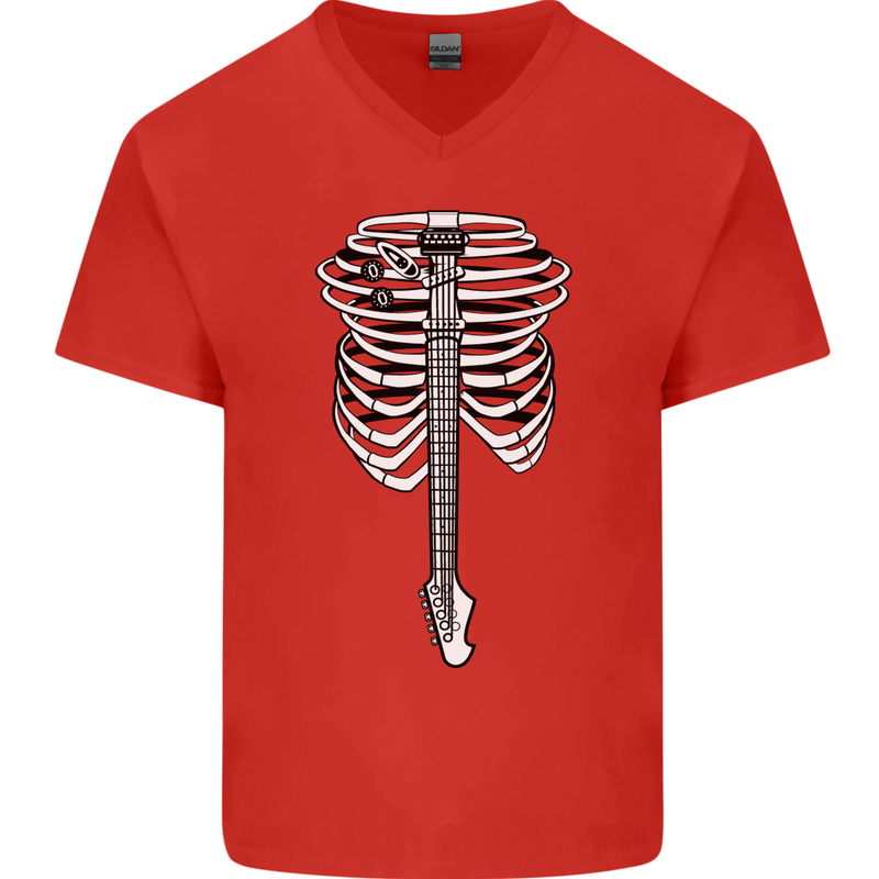 Electric Guitar Ribs Guitarist Acoustic Mens V-Neck Cotton T-Shirt Red
