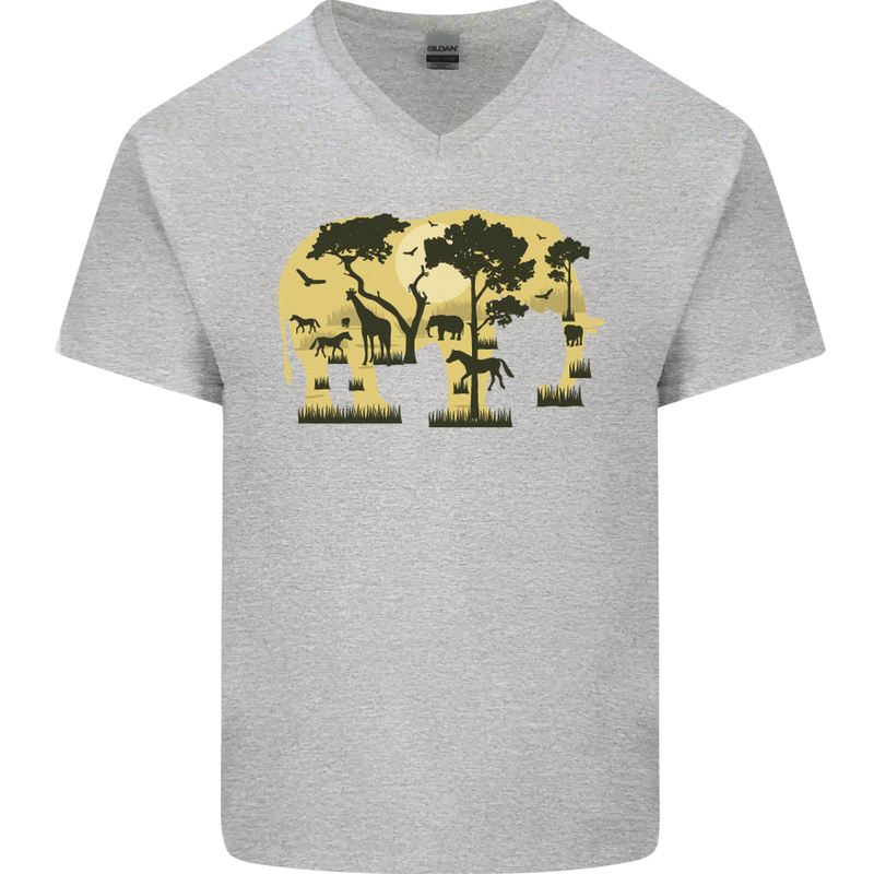 Elephant Ecology Animal Mens V-Neck Cotton T-Shirt Sports Grey