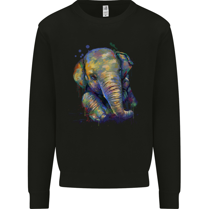 Elephant Hand Drawn Watercolour Kids Sweatshirt Jumper Black