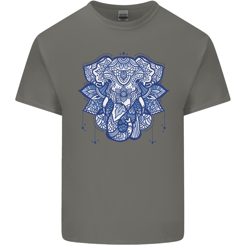 Elephant Mandala Art Mens Cotton T-Shirt Tee Top Charcoal