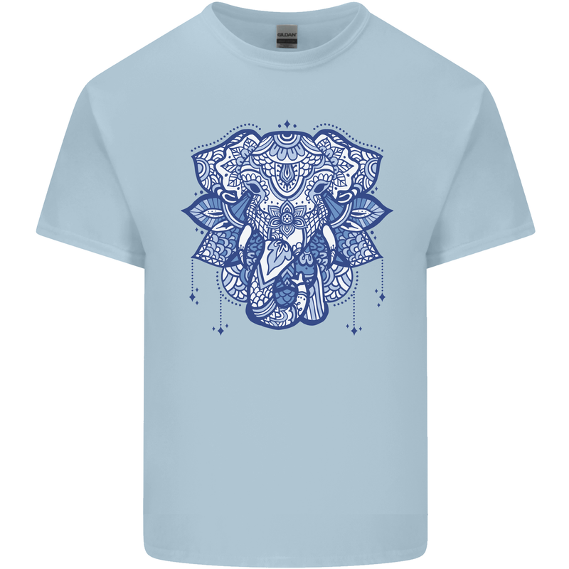 Elephant Mandala Art Mens Cotton T-Shirt Tee Top Light Blue