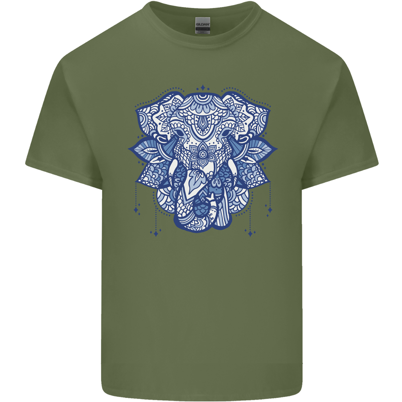 Elephant Mandala Art Mens Cotton T-Shirt Tee Top Military Green