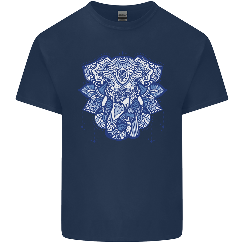 Elephant Mandala Art Mens Cotton T-Shirt Tee Top Navy Blue