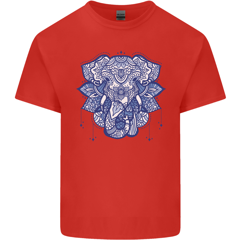 Elephant Mandala Art Mens Cotton T-Shirt Tee Top Red