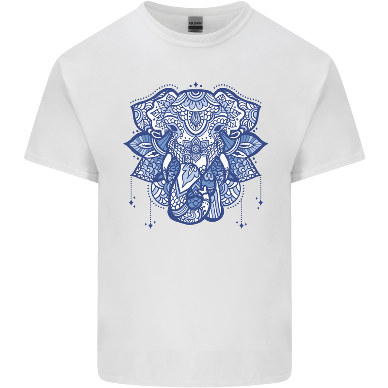Elephant Mandala Art Mens Cotton T-Shirt Tee Top White