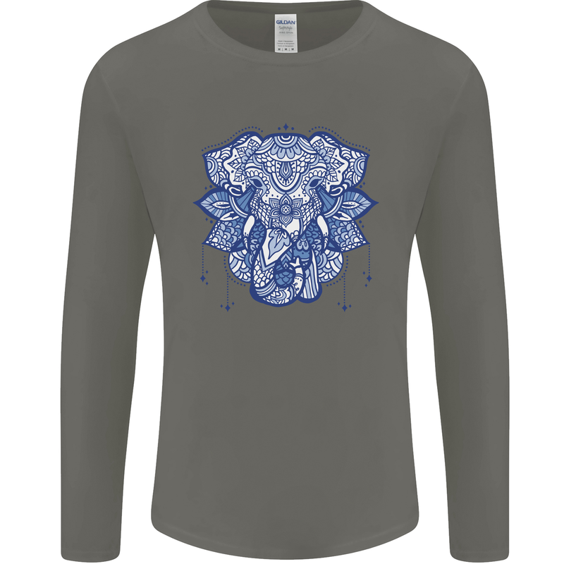 Elephant Mandala Art Mens Long Sleeve T-Shirt Charcoal