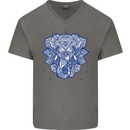 Elephant Mandala Art Mens V-Neck Cotton T-Shirt Charcoal