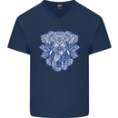 Elephant Mandala Art Mens V-Neck Cotton T-Shirt Navy Blue