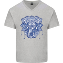 Elephant Mandala Art Mens V-Neck Cotton T-Shirt Sports Grey