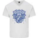 Elephant Mandala Art Mens V-Neck Cotton T-Shirt White