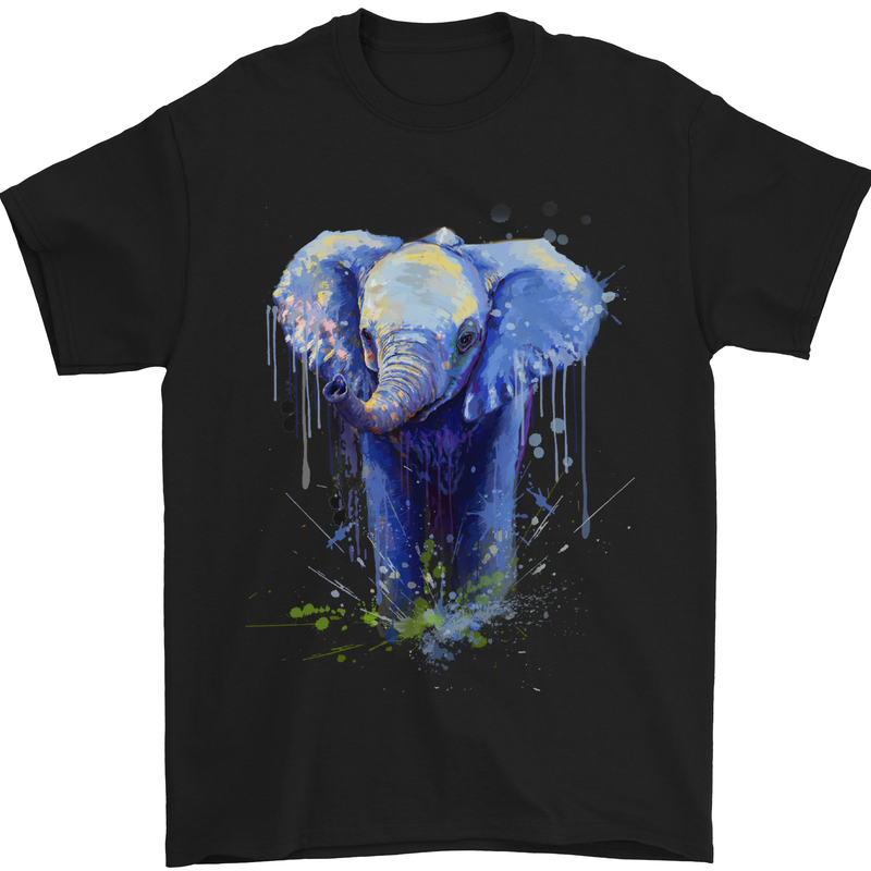 Elephant Watercolour Mens T-Shirt Cotton Gildan Black